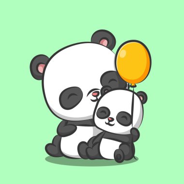 Panda ve bebek panda yan yana oturuyor ve resimli balon oynuyor.