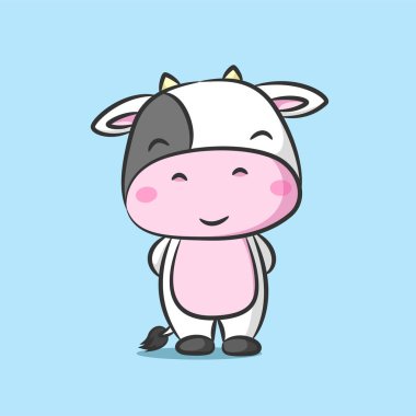 Koca kafalı şirin inek ayakta duruyor ve resimden gülümsüyor.