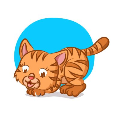 Küçük turuncu kedi resimle bir şey yakalıyor.