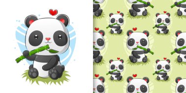 The watercolor pattern set of the panda eating the fresh bamboo in the forest of illustration clipart