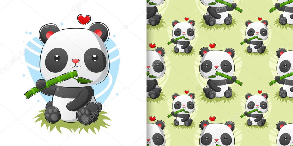 The watercolor pattern set of the panda eating the fresh bamboo in the forest of illustration
