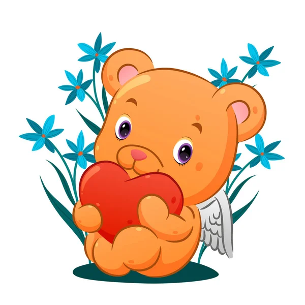 Urso Cupido Bonito Está Sentado Segurando Coração Colorido Jardim Cheio — Vetor de Stock