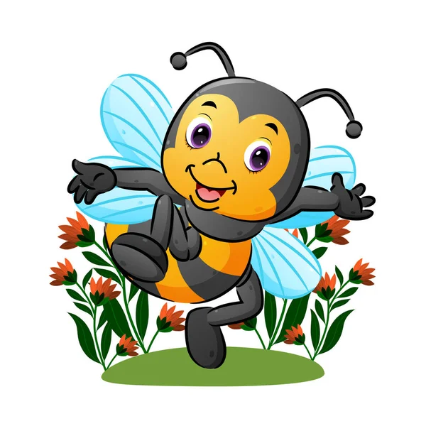 Cute Bee Transparent Wing Dancing Garden Illustration — Stock Vector