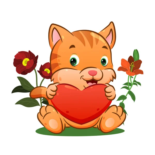 귀여운 고양이가 삽화에 나오는 꽃들을 손으로 있습니다 — 스톡 벡터