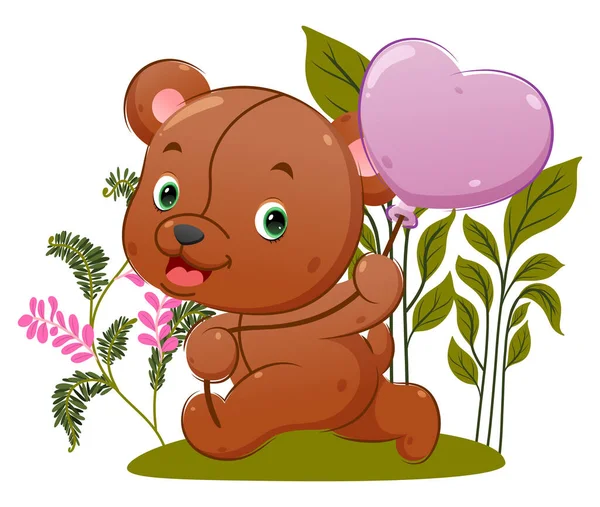 Roztomilý Medvídek Běží Drží Svůj Balón Květinové Zahradě Ilustrace — Stockový vektor