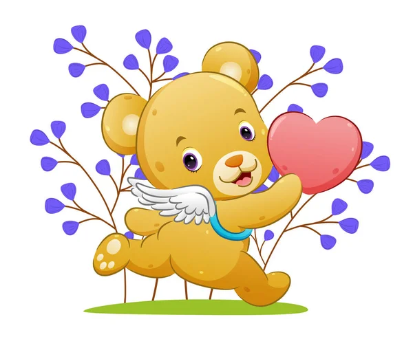 Urso Cupido Feliz Com Asas Está Segurando Amor Correndo Parque — Vetor de Stock