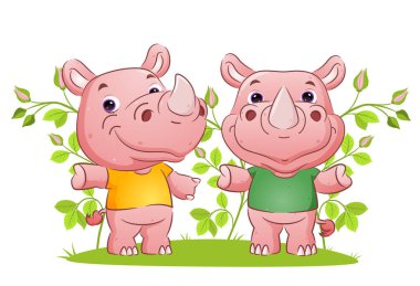 Bir çift tatlı gergedan, resmin bahçesinde küçük bir hareketle oynuyorlar.