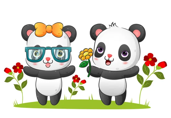 Couple Happy Panda Giving Sunflowers Friend Garden Illustration — Stock Vector