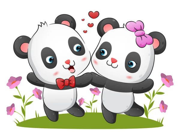 Couple Kawaii Panda Dancing Together Happy Expression Park Illustration — Stock Vector