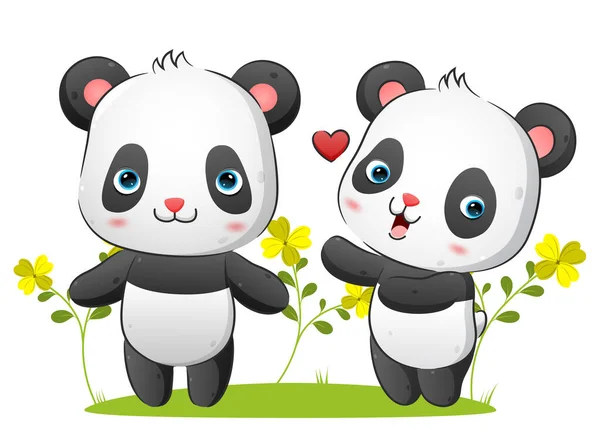 Couple Panda Trying Catch Love Standing Together Park Illustration — Stock Vector