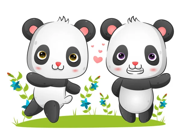 Pár Panda Fut Játszik Parkban Együtt Illusztráció — Stock Vector