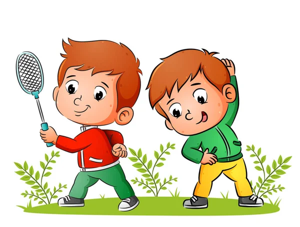 两个喜欢运动的男孩正在打羽毛球 并在画图的早上伸展着身体 — 图库矢量图片