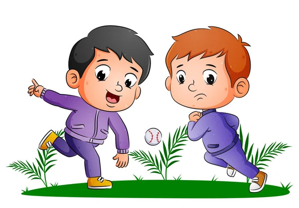Los Chicos Pareja Están Jugando Béisbol Tratando Atrapar Pelota Ilustración — Archivo Imágenes Vectoriales
