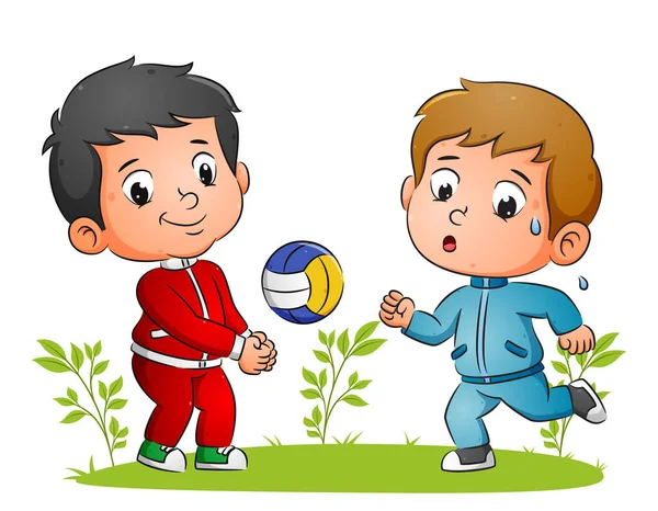 Bambini Praticano Sport Giocando Pallavolo Correndo Nel Giardino Dell Illustrazione — Vettoriale Stock