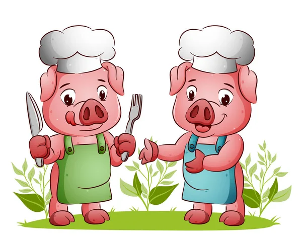 Couple Cochons Est Prêt Manger Avec Cuillère Fourchette Illustration — Image vectorielle