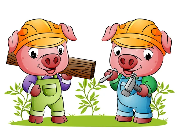 Les Porcs Constructeurs Tiennent Planche Bois Marteau Illustration — Image vectorielle