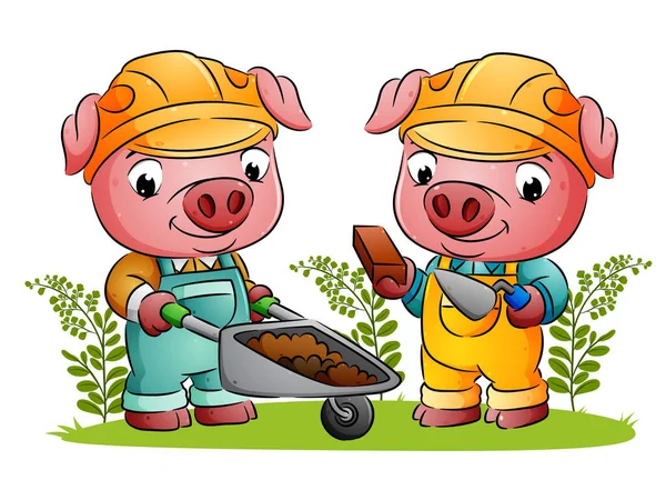 Couple Constructeur Cochon Tiennent Les Briques Brouette Dans Jardin Illustration — Image vectorielle