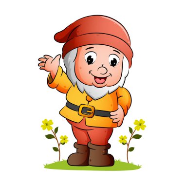 Mutlu cüce çizim bahçesinde el sallıyor ve gülümsüyor.