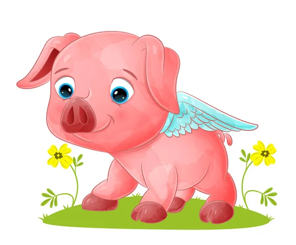 Gros Cochon Ange Rampe Pose Avec Visage Mignon Illustration — Image vectorielle