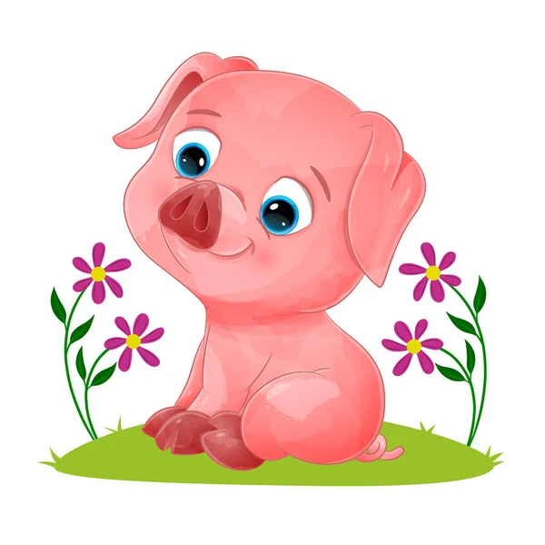 Petit Cochon Couleur Est Assis Souriant Dans Jardin Illustration — Image vectorielle