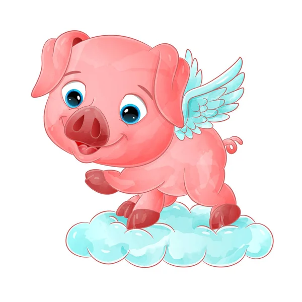 Angel Pig Little Wings Flying Magic Cloud Illustration — Stock Vector