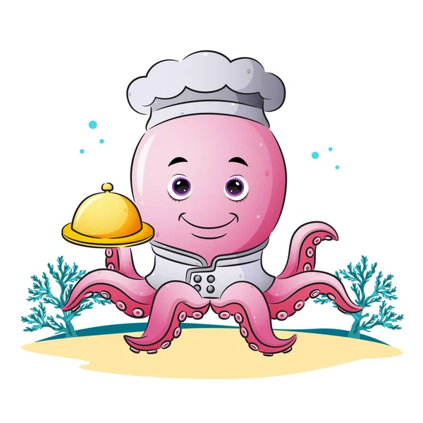 Chef Kok Octopus Heeft Beweegbare Voedsel Cover Van Illustratie — Stockvector