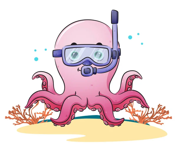 Lindo Pulpo Está Buceando Con Las Gafas Natación Ilustración — Vector de stock