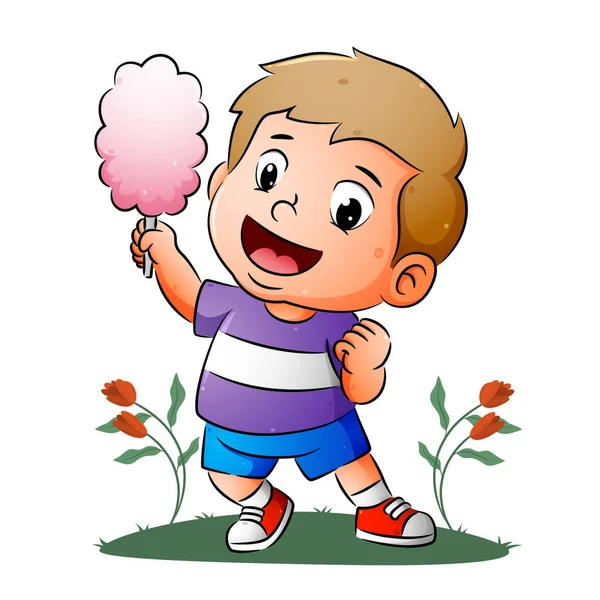 Happy Boy Holding Big Colored Cotton Candy Illustration — 图库矢量图片