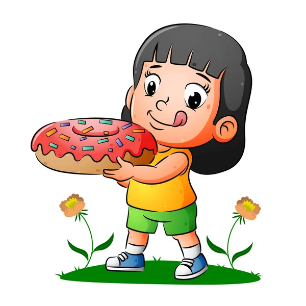 Happy Girl Holding Delicious Donuts Colorfull Messes Illustration — 图库矢量图片