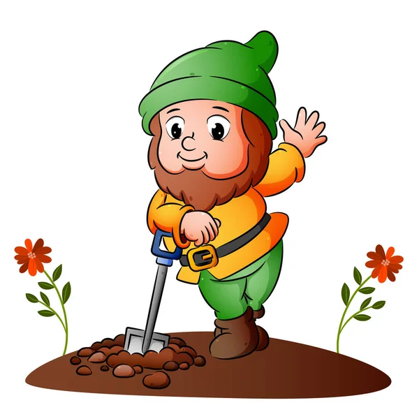 Dwarf Digging Ground Posing Shovel Illustration — 스톡 벡터