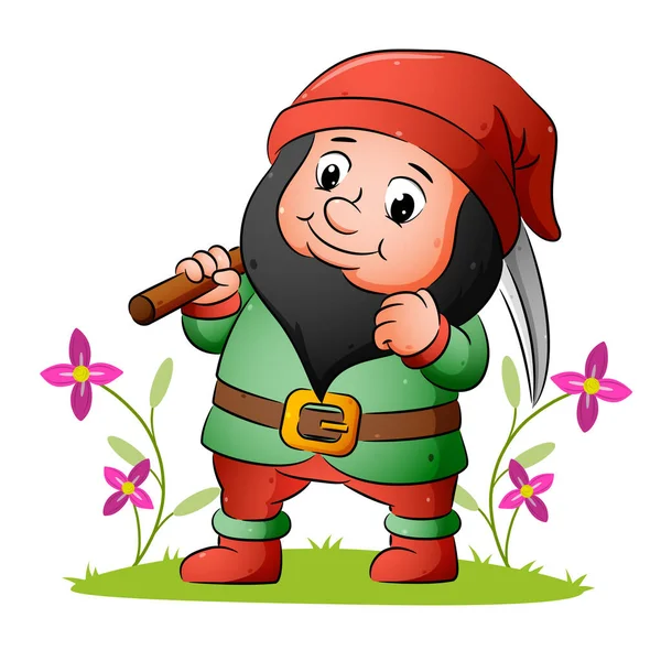 Dwarf Holding Scythe Standing Garden Illustration — 스톡 벡터