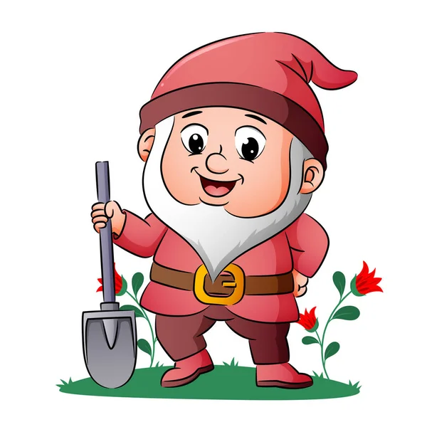 Dwarf Standing Holding Shovel Garden Illustration — 스톡 벡터