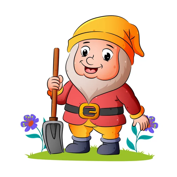 Happy Dwarf Holding Shovel Giving Big Smile Illustration — 스톡 벡터