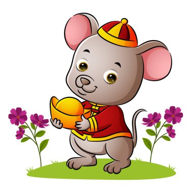 Şirin fare çizim bahçesinde altın yenpao kavanozunu tutuyor.