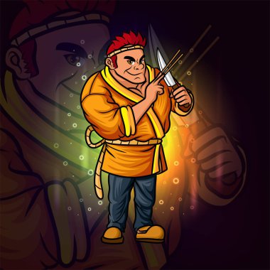 Bıçak ve yemek çubuğu esport maskot tasarımı ustası.