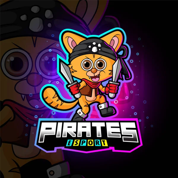 Crew Pirates Cat Esport Logo Design Illustration — Stock Vector