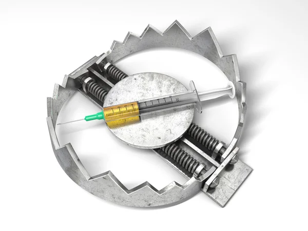 Syringe with drug in the bear metal trap. 3D concept. — Stock Photo, Image