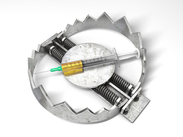 Syringe with drug in the bear metal trap. 3D concept.