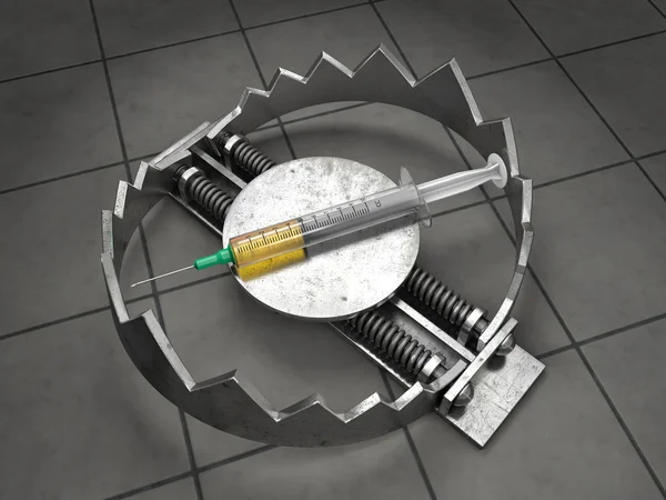Syringe with drug in the bear metal trap. 3D concept. — Stock Photo, Image