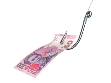 Beyaz izole balıkçılık kanca üzerinde para yığını