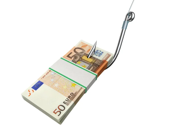 Stack of money on the fishing hook isolated on white — Stock Photo, Image