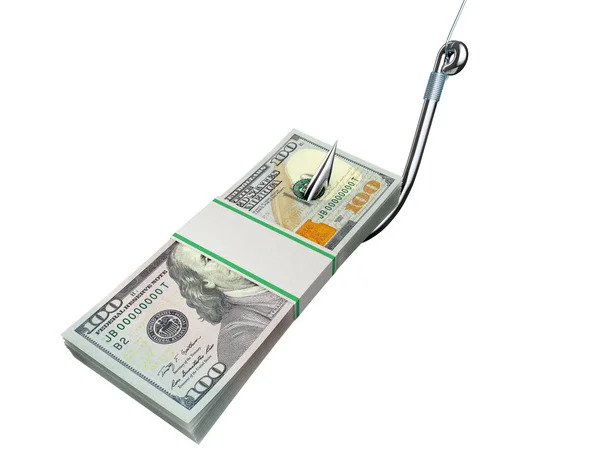 Stack of money on the fishing hook isolated on white — Stock Photo, Image