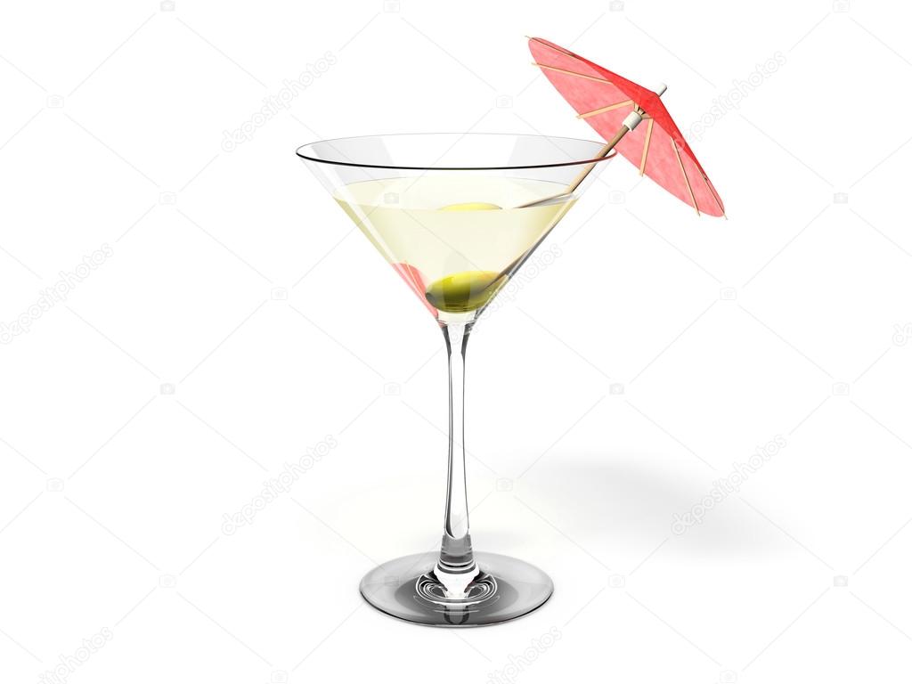 Martini glass with green olive and red cocktail umbrella