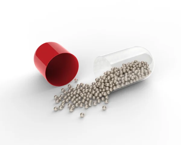 Red capsule with the granules of drugs inside 3D — Stock Photo, Image