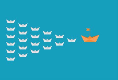 Kağıt origami teknesi turuncu liderlik başarıya gidiyor.