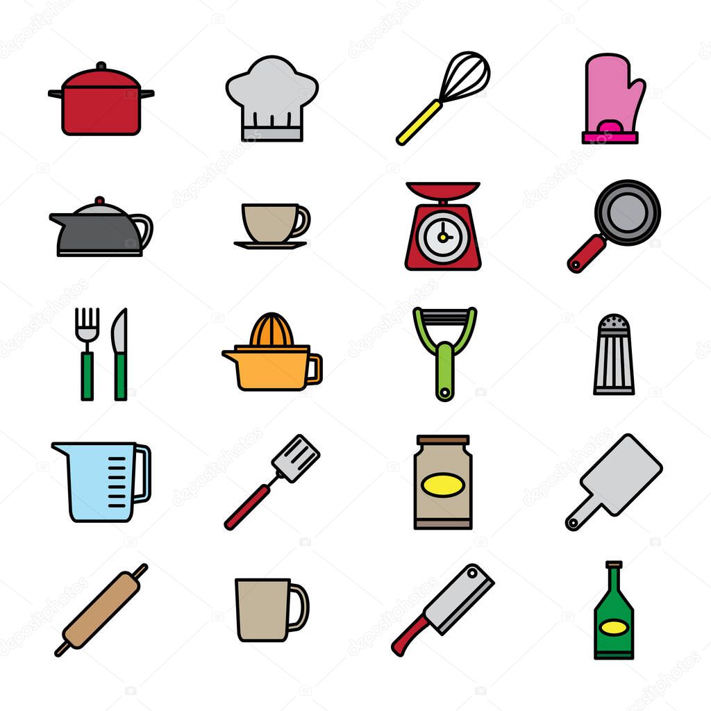 Utensils and kitchen color flat icons