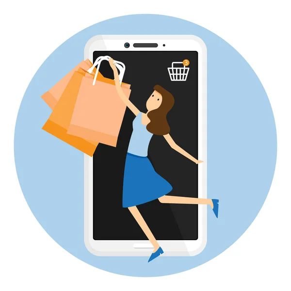 Mujer Feliz Con Las Compras Línea Teléfonos Móviles — Vector de stock