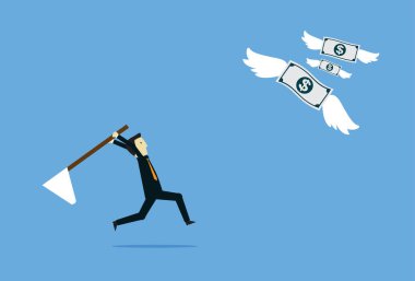 Businessman chasing money flying away with net