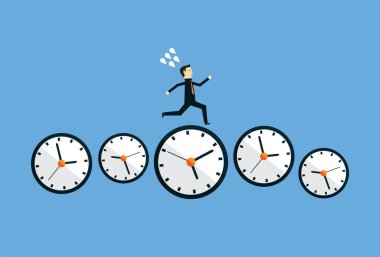 Businessman run on clock that shows multiple periods of time