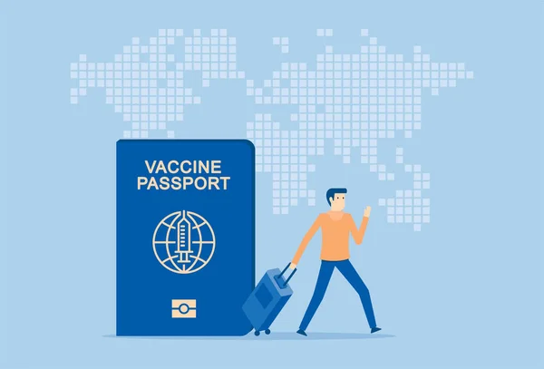 Бізнесмен Використовує Паспорт Вакцини Подорожей Всьому Світу — стоковий вектор